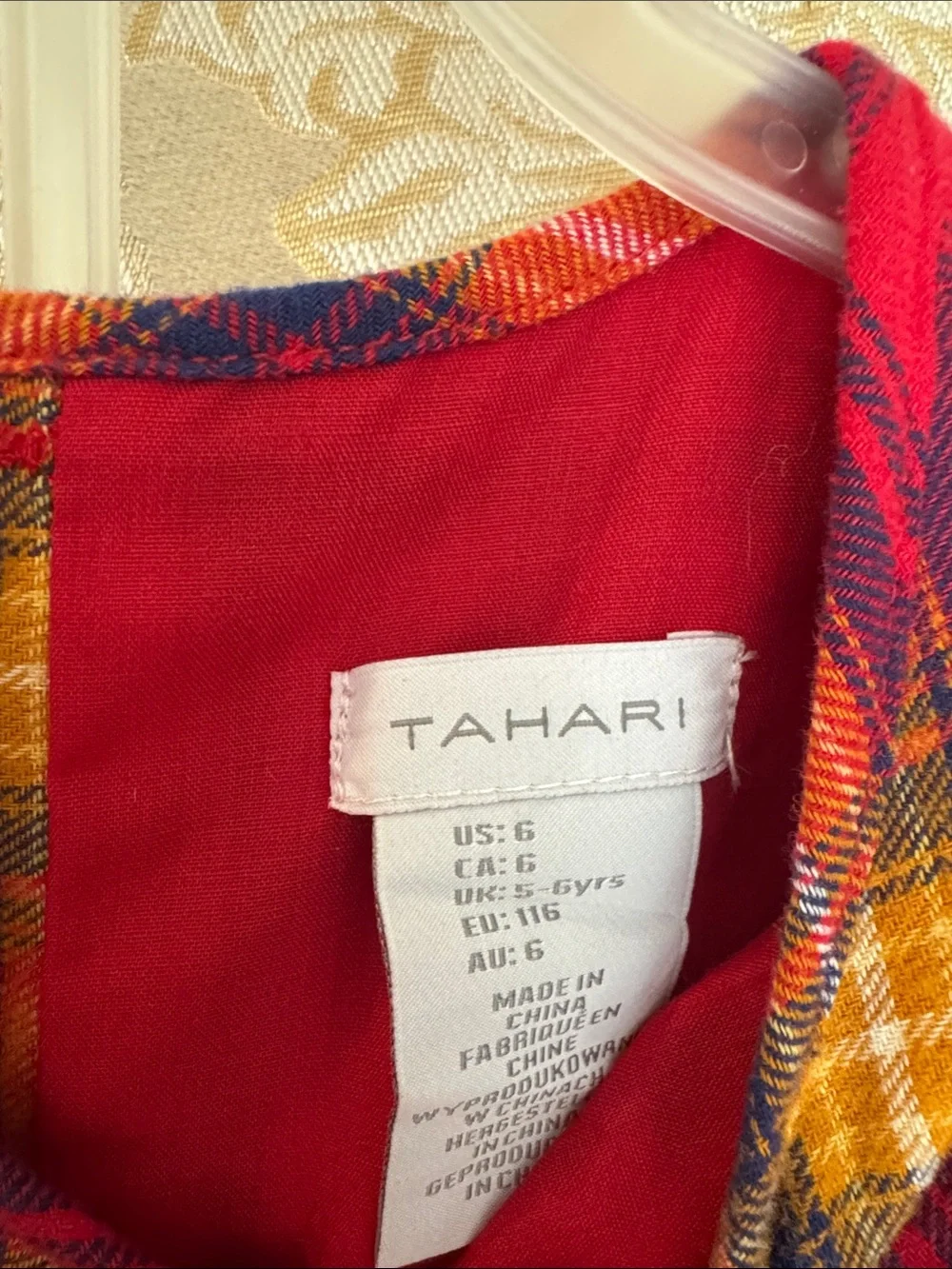 Elie Tahari Red Plaid Ruffle Long-Sleeve Dress with Navy Leggings